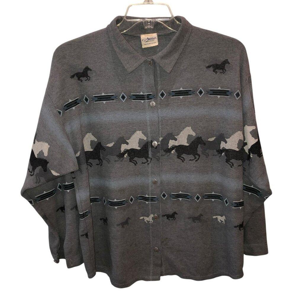 Vintage Artisans Womens 2X Gray Aztec Horse Ponies Long Sleeve Button Up Shirt
